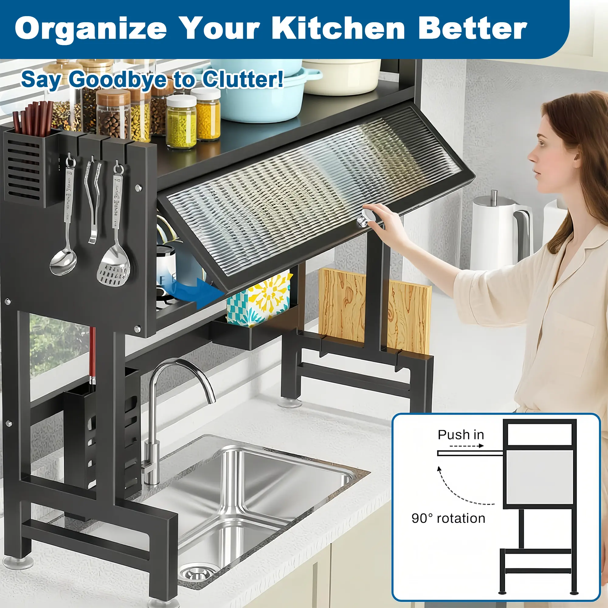 Black Stainless Steel Rectangular Dish Drying Rack (33.5-Inch/85cm Extra Long) - Indoor Use Space-Saving Kitchen Countertop Organizer with Drain Tray, Towel Holder, Spice Shelf for Dishes, Utensils, Cookware