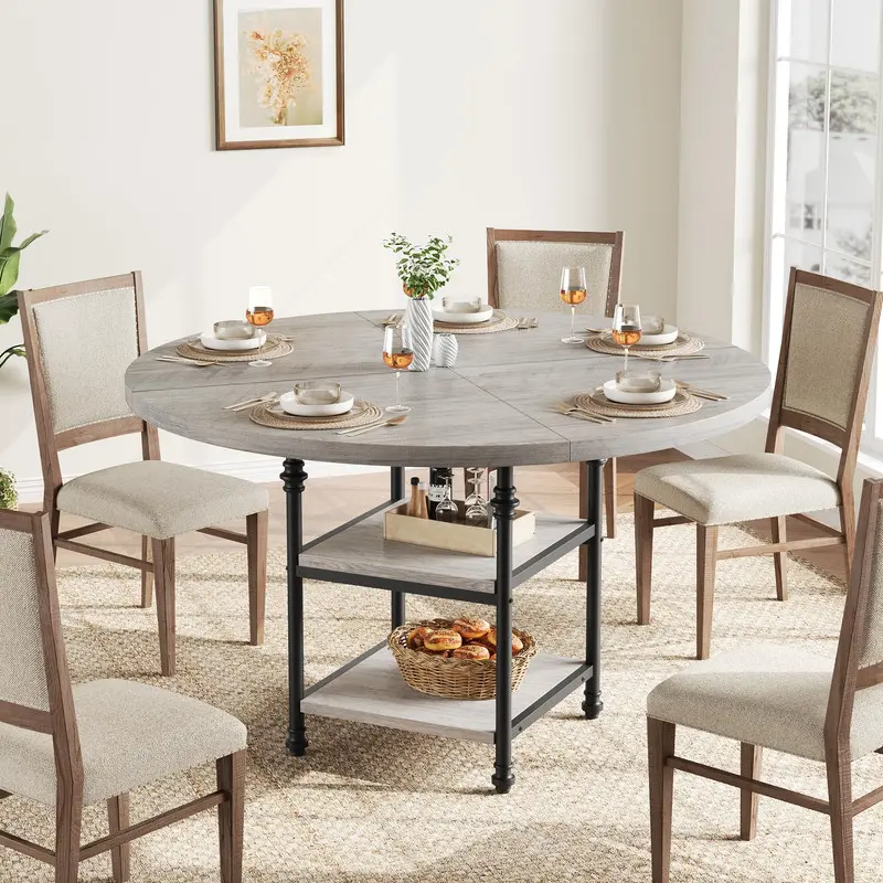 【Christmas Gift】47-Inch Round Family Meal Dining Table (Round Shape, Elegant Design) - 1.59-Inch Thick Top, Adjustable Height, Storage Shelves, Elegant Roman Metal Legs, 200 lbs Capacity, Ideal for Dining Room, Kitchen