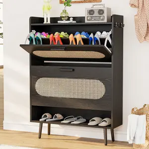 Rattan Shoe Cabinet with 2 Flip Drawers, Shoe Storage Cabinet for Entryway, Narrow Shoe Rack Cabinet, Freestanding Hidden Shoe Organizer for Hallway, Living Room(Black)