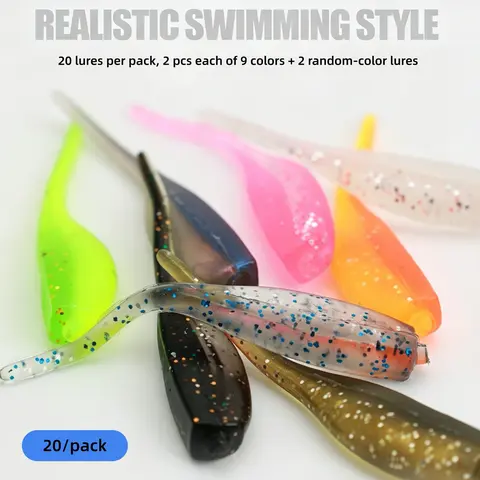 20-Pack 1.97in Double Color Needle Tail Soft Bait Fishing Lure Kit - Slow-Sink Tadpole Shape, Lifelike Action, Balanced Cast for Farther Throws, All Fishing Depths, Freshwater Saltwater Bass Gear for Beginners & Experienced Anglers