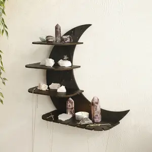 Crescent wall hanging rack with 4 layers of baffle, wooden multi-layer rack, wall hanging rack, wall candlestick rack, wall hanging decoration, wall hanging crystal stone display rack, home decoration, bohemian room decoration