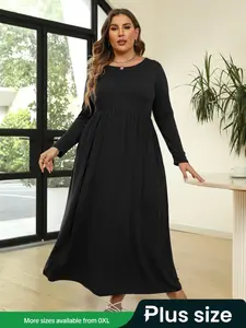 [Plus Size] Solid Long Sleeve Round Neck A Line Modest Style Dress, Long Sleeve Dresses, Casual Fashion High Waist Long Dress for Daily Outdoor Wear, Women Clothing for Fall & Winter