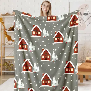 Christmas Winter Cabin Snow Pattern Blanket, 1 Count Soft Warm Flannel Throw Blanket, Air-conditioned Room Blanket, Warm Nap Blanket for Home Office Travel