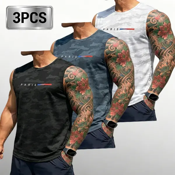 3-pack men’s sleeveless camouflage tank tops, crew neck breathable tops available in multiple colors; summer fashion design suitable for various sports and outdoor running outfits; men’s athletic fitness apparel, men’s tops.