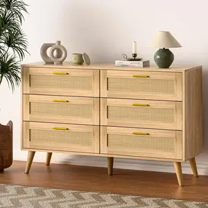 PUKAMI 6 Drawer Rattan Dresser for Bedroom, Rattan Chest of Dressers, Wooden Boho Dresser Modern Storage Chest with Golden Handles, Beside Table for Entryway, Living Room, Hallway, Bedroom