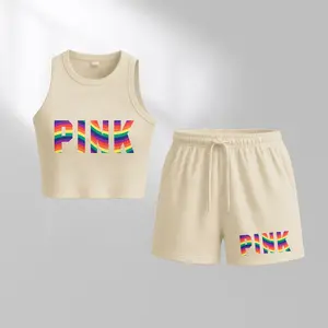 Women's Rainbow letter Print Casual Slim-Fit Tank Top And Drawstring Shorts Two-Piece Set, Perfect For Summer Wear, A Must-Have For Back-To-School Season