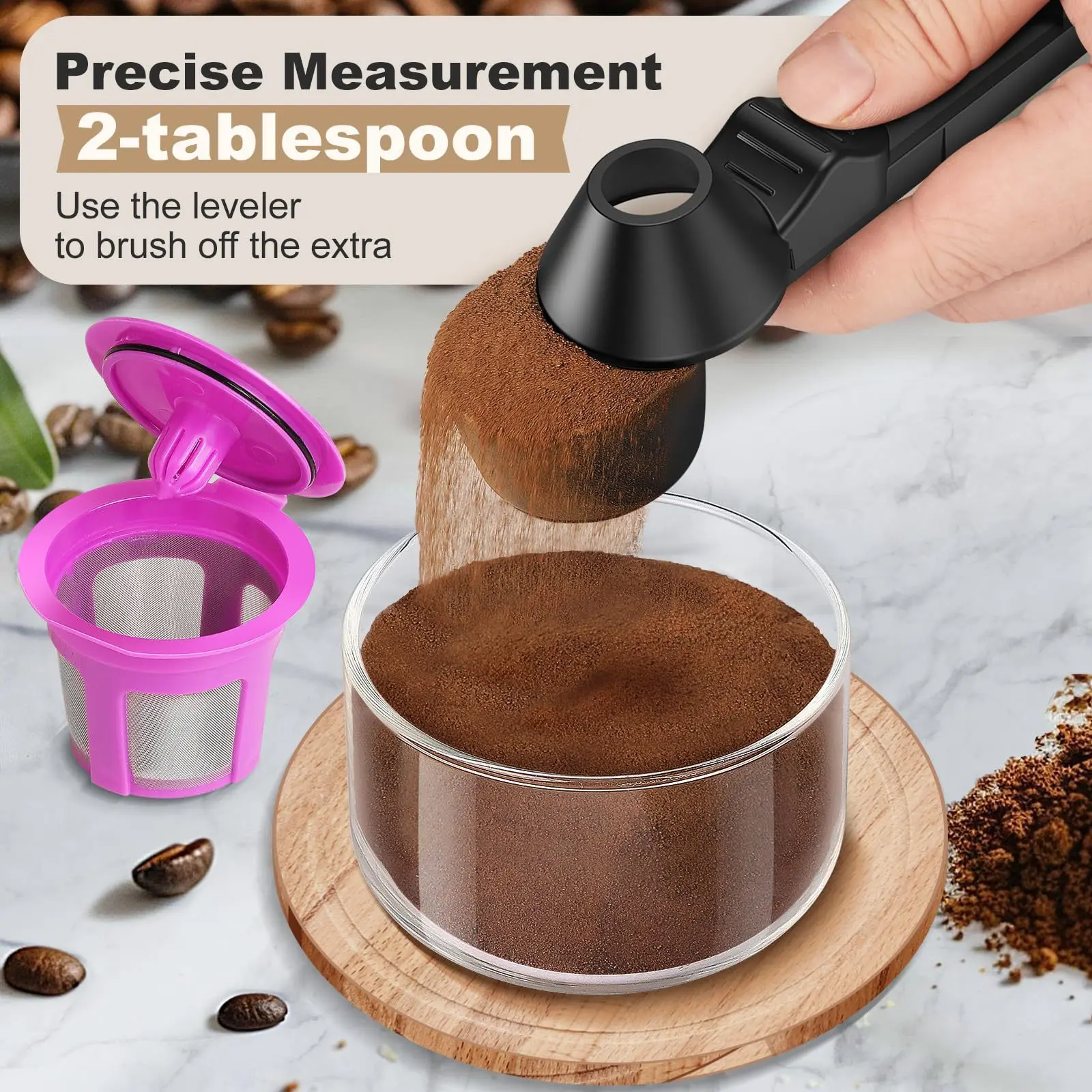 2-Tablespoon Multi-Function Plastic Coffee Measuring Spoon with Funnel, No-Spill Long Handle Powder Scoop for Coffee, Spice, Tea (Kitchen Measuring Utensil)