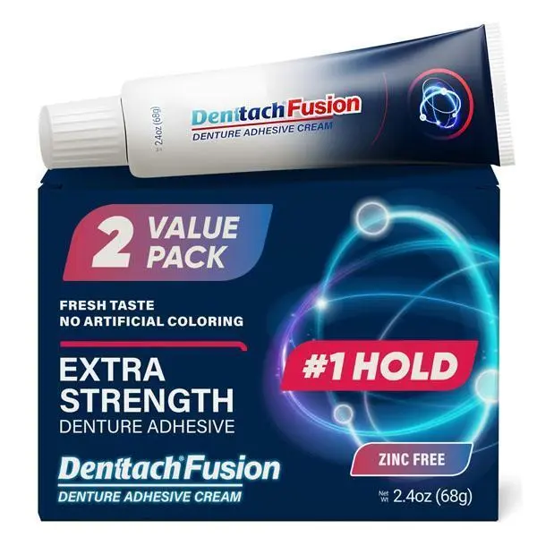 Denttach Fusion Denture Adhesive, (Pack of 2) 2.4 Ounce, Ultra Strong Hold and Seal, Dental Adhesive Cream for Dentures and Partials, Zinc Free Denture Glue