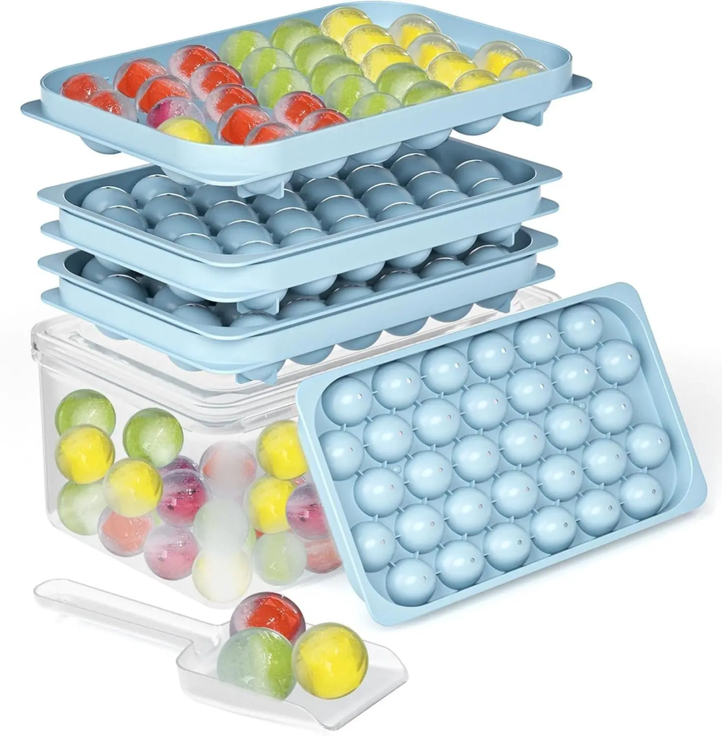 Ice Cube Trays, BPA-Free Mini 0.75 Inch Sphere Ice Molds, 2-Pack Small Round Ice Ball Trays, Easy Release, Includes Scoop & Ice Storage Box for Cocktails, Coffee