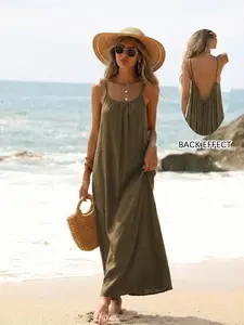 Women's Solid Color Ruched Backless Fitted Maxi Dress, Elegant Chic Sleeveless Bohemian Gown for Spring & Fall, Perfect Casual Daily Wear