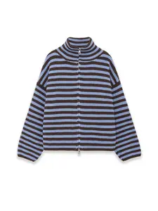 Spring & Fall Striped Double Zipper Knit Cardigan, Casual Loose-Fitting Collared Coat for Women