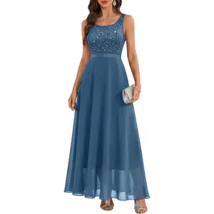 BeryLove Prom Dresses for Teens Sleeveless Sequin Evening Dress Boat Neck Cocktail Wedding Guest Maxi Formal Sparkly Dress 001XP Grey Blue S