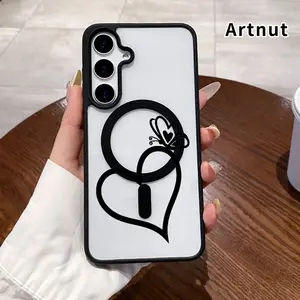 Magnetic Soft Phone Case Compatible with Samsung Galaxy S23 Ultra S24 Plus S25 S22+ FE Butterfly on Heart Pattern Anti-Yellowing Shockproof Ultra-Thin Silicone Crystal Transparent Acrylic Cover Supports Wireless Charging.