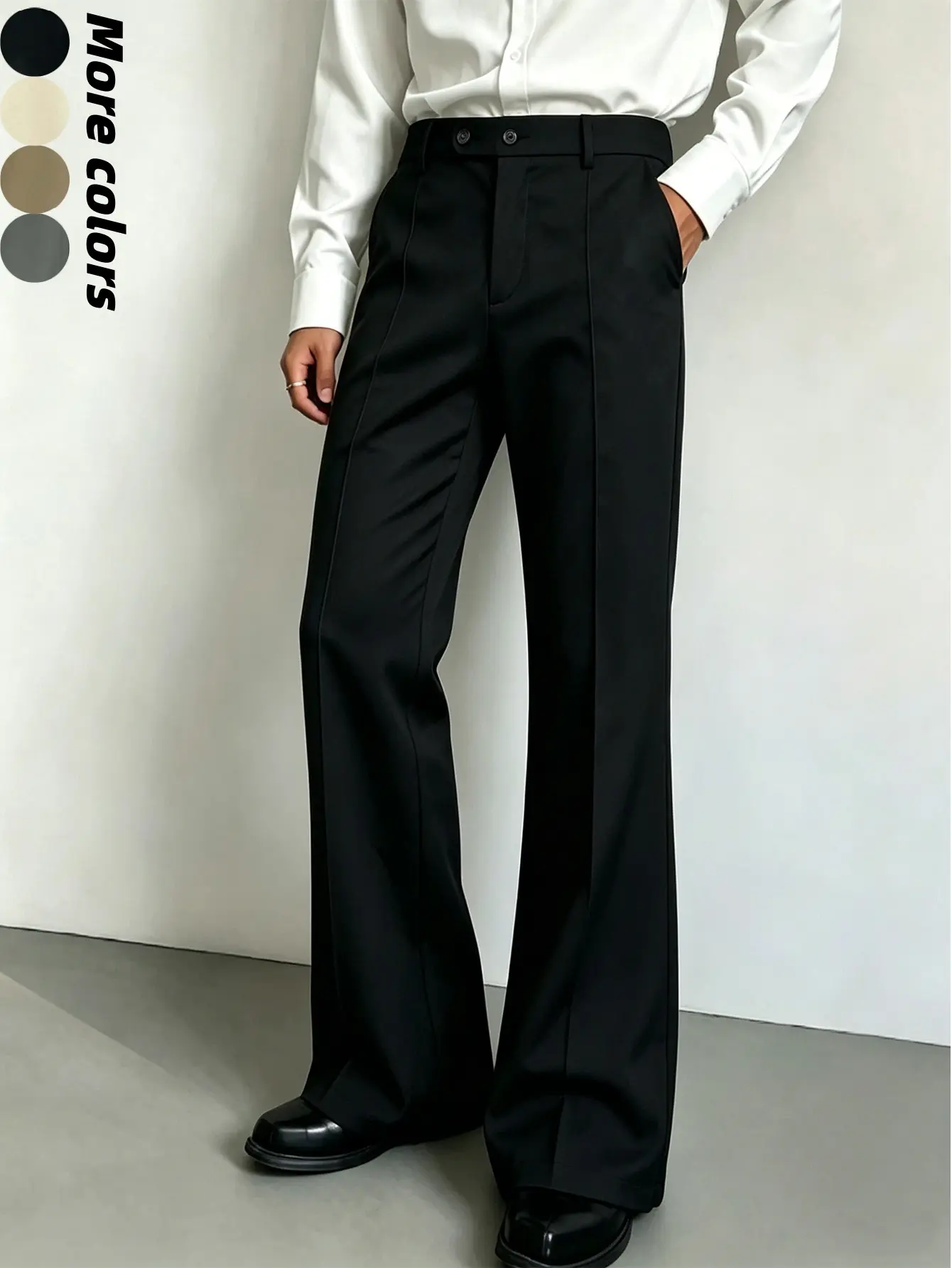 One pair of men’s slightly flared dress pants, mature commuter style, mid-rise waist with pleats, double-buckle waistband, suitable for adult men’s office wear, commuting, business meetings, and professional settings.