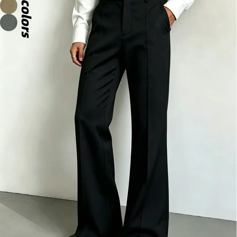 Men’s Khaki Menswear Slacks - Elegant Dress Pants, Casual Mid-Rise Pleated Plain Polyester, Double-Buckle Waistband, Slightly Flared, Mature Commuter Style for Office, Business Meetings