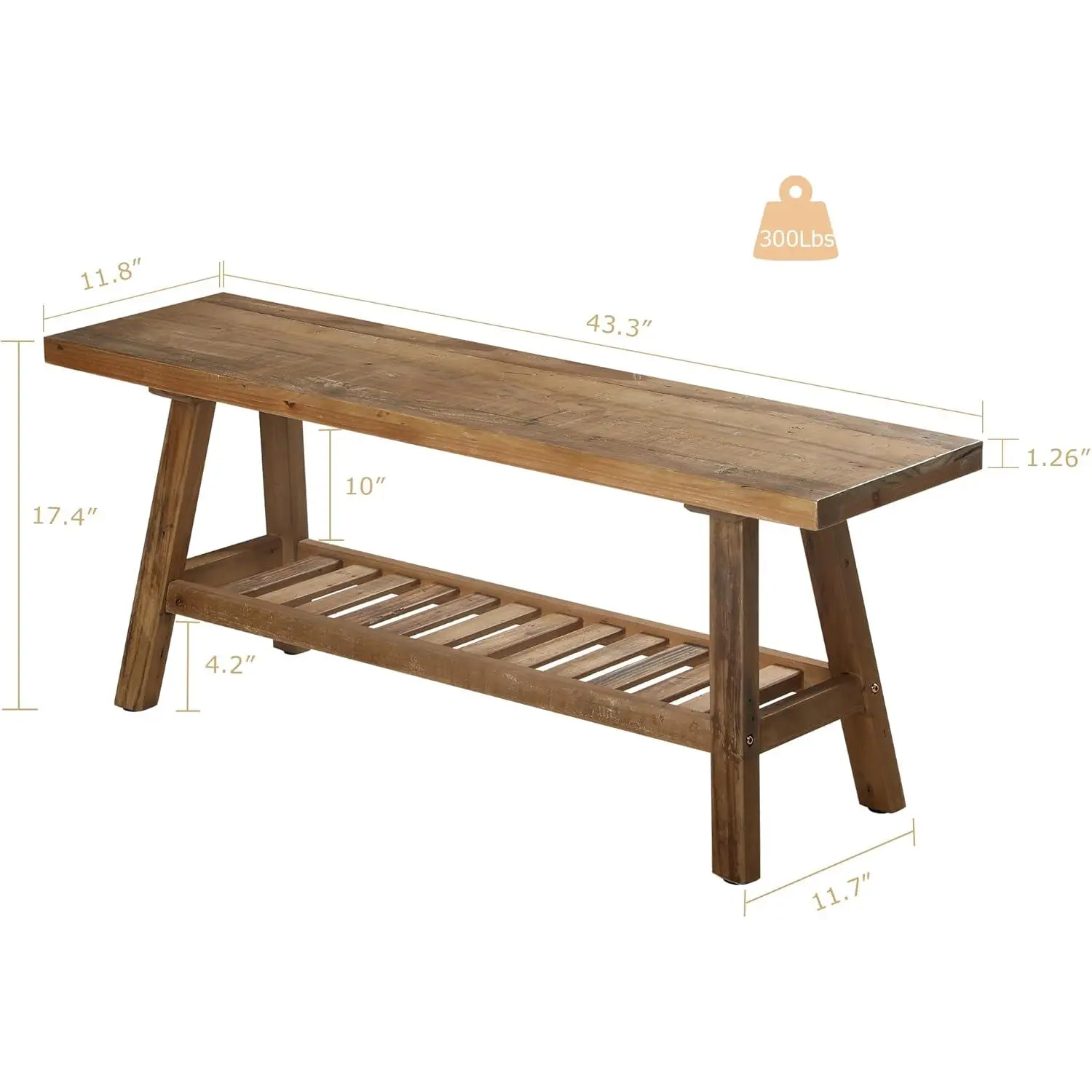 Reclaimed Solid Wood Bench-43.3" Farmhouse Entryway Bench with Storage Shelf, Narrow Rustic Bench for Hallway, Kitchen, Bedroom, Dining