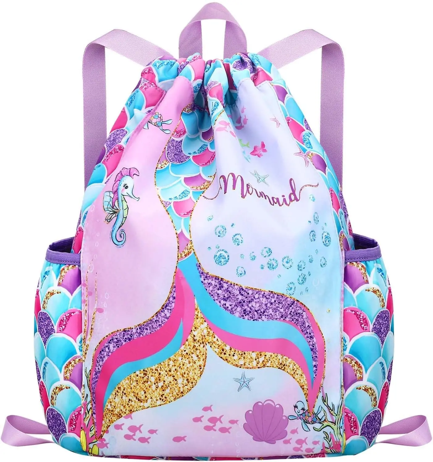 RHCPFOVR Drawstring Backpack for Kids - Mermaid Bags for Girls Gym Dance Beach Swim Travel Bag With Two Water Bottle Holder