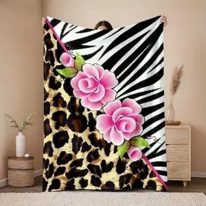 1pc 280gsm Home Pink Flower, Leopard Print, Zebra Print Flannel Blanket, Machine Washable, Suitable for Sofa Bed Car Camping Office Home Decoration, Multi-purpose Gift Blanket, Suitable for All Seasons