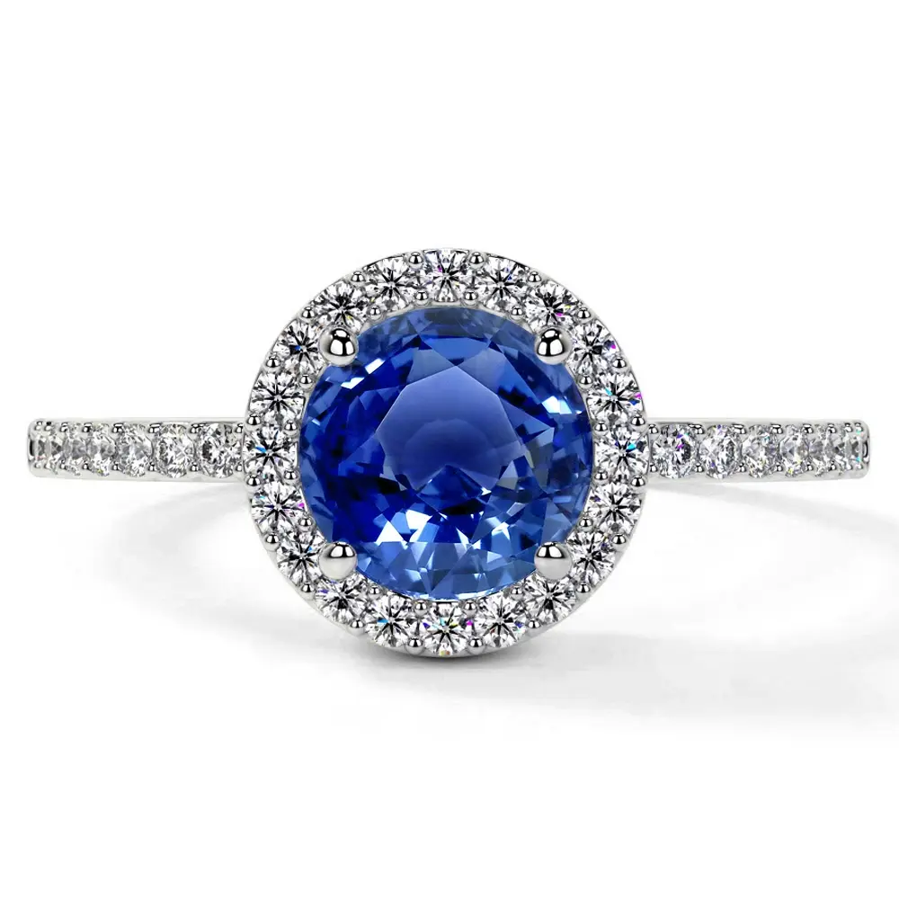 Classic Round Blue Sapphire Halo Ring with Prong Set Diamonds (1.85cttw)- RBS001-7X7-AAA