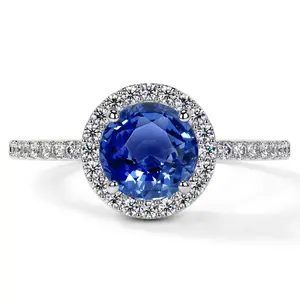 Classic Round Blue Sapphire Halo Ring with Prong Set Diamonds (1.85cttw)- RBS001-7X7-AAA