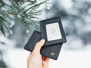 Black Saffiano Leather Minimalist Card Wallet with ID Window, Personalized Monogram Credit Card Holder