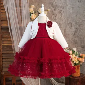 3-8Y Maroon 6126 Kids Clothes Flower Girls Frock Coat Floral Mesh Layered Ball Gown Pageant Children Elegant Princess Prom Host Formal Evening Party Banquet Cocktail Dress