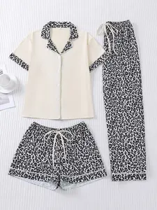 3-piece leopard print bow waistband long sleeved shorts long pants soft and comfortable top small pocket button top elastic waistband suitable for all seasons home wear Pajamas