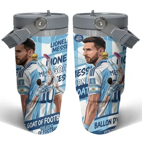 Messi Football Fan Art Insulated Leakproof Stainless Steel Tumbler - 30oz Sturdy, 20oz Skinny Straight/Car Tumbler (500-1000ml) with Handle, Lid, Straw, Straw Brush, Reusable Coffee Cool Gift for Adults, Ready for Gym, Road Trips, TV