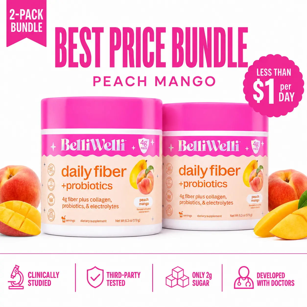 BelliWelli Daily Fiber + Probiotics - Peach Mango- 2 pack