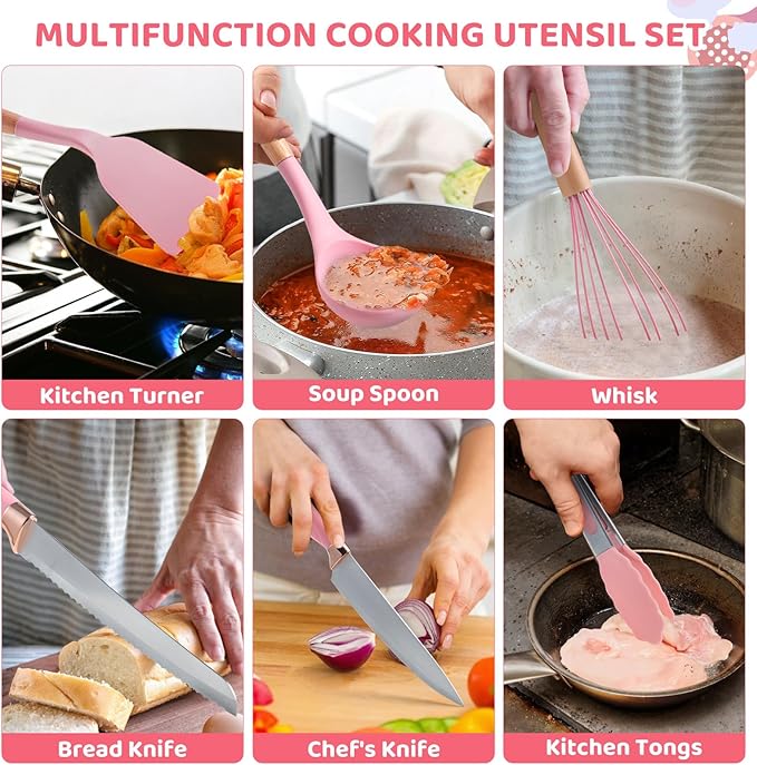 Silicone Kitchenware Set of 19: Set of Spatulas and Soup Spoons, High-Temperature Resistant Non-Stick Cookware, Cooking Kitchen Utensils, Household Silicone Spatula Wooden Handles charcuterie board White Pink