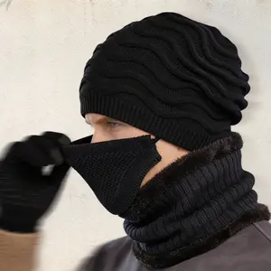 Men's Fully Covers Knit Hat Set 3 Pack Beanie Hat Face Cover and Scarf Winter Warmer Cap for Outdoor Ski