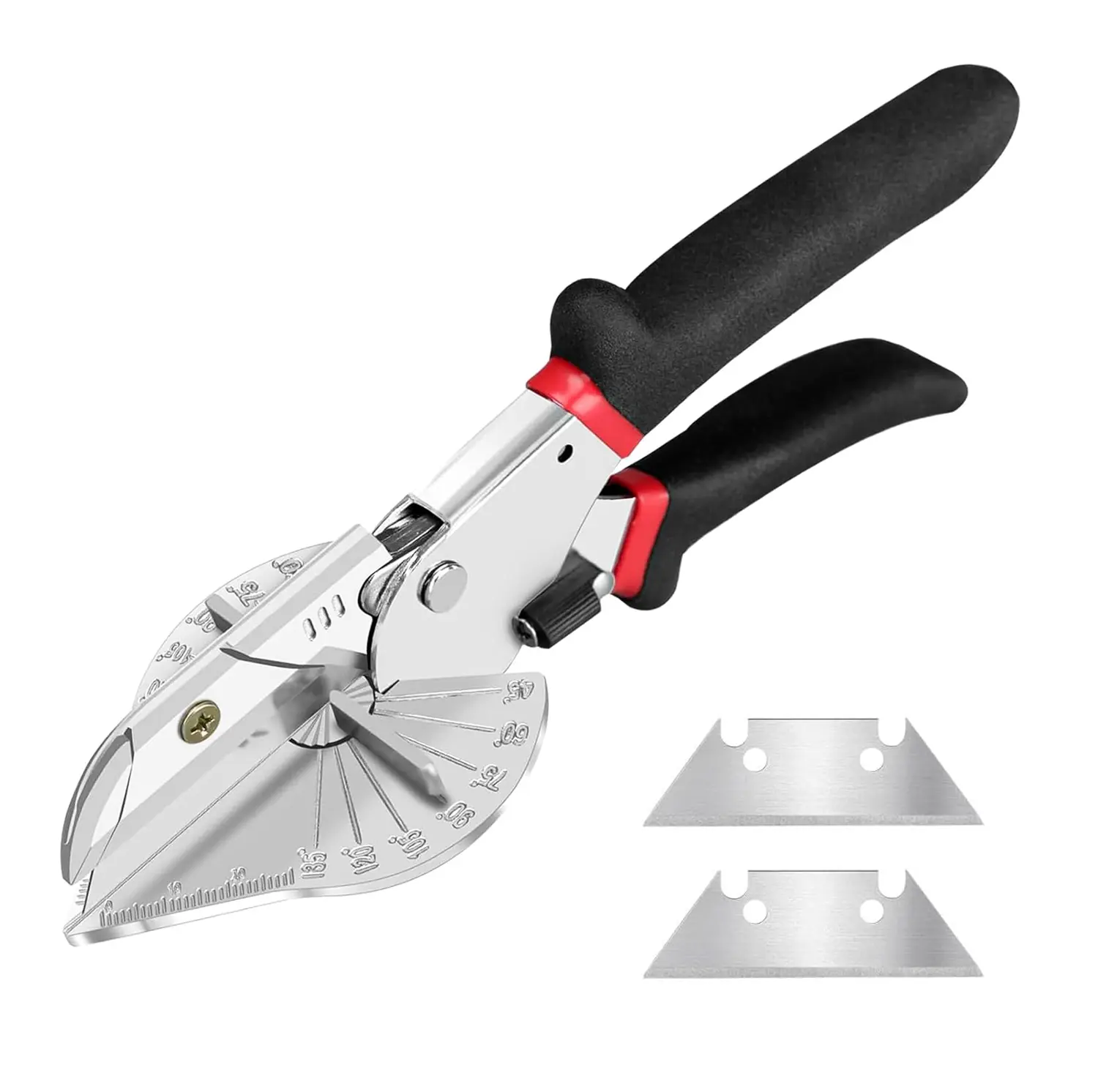 Miter Shears with Adjustable Angle 45°-135°, Non-Slip Grip Cutting Tool Scissors, 0.4" Max Thick Quarter Round Cutter, 2 Extra SK5 Steel Blades for PVC, Trim, Softwood Moulding