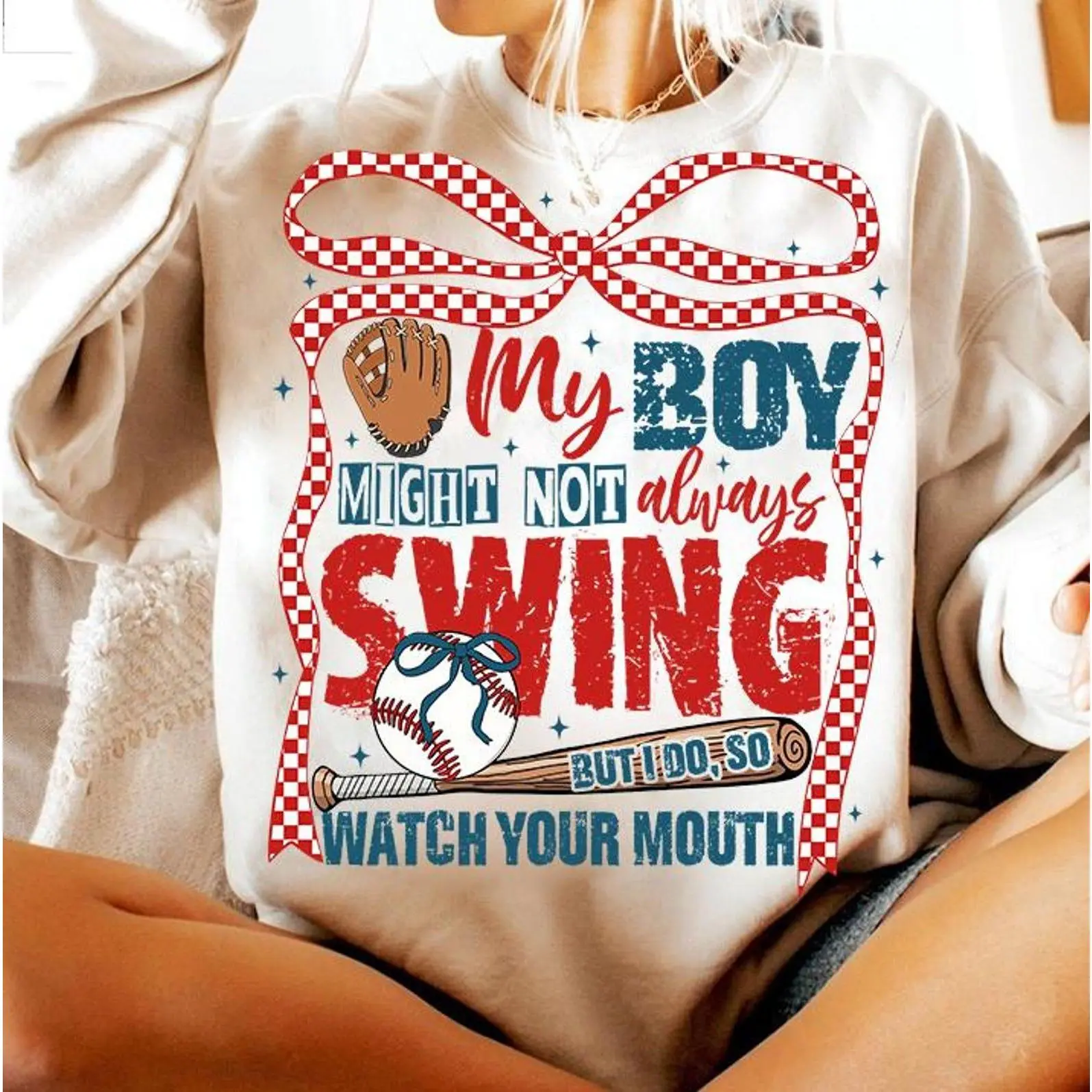 Comfort Colors Baseball Mama My Boy Not Swing Game Day Crewneck Sweatshirt, Baseball Coquette Bow Sport Mom Momma Mothers Day Gifts Shirt