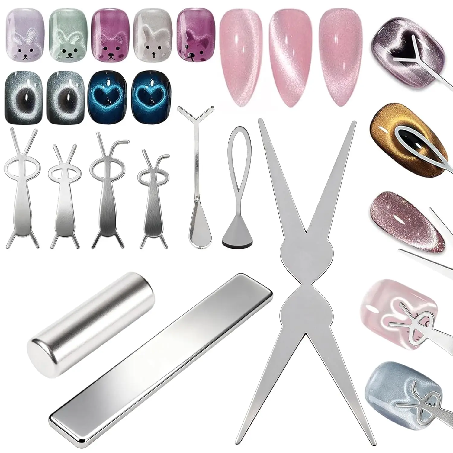 Cat Eye Magnetic Nail Manicure Kit with Cylindrical & Rectangular Magnets, Scissor, Y, Oval, Bunny Plates - Creates French, Heart, Black Hole, Bunny Cat-Eye Effects Nail Design Kit Nail Art Set