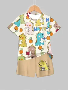 Cute Dinosaur & Fruit Print Pajamas Set, Cream Short Sleeve Sleepwear with "HAPPY" Graphics, Playful Two-Piece Loungewear for Kids & Toddlers