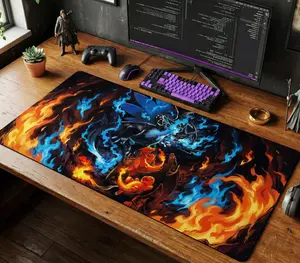 Mega Charizard X Desk Mat, Charmander Evolution Mouse Pad, Blue Fire Anime Gaming Setup