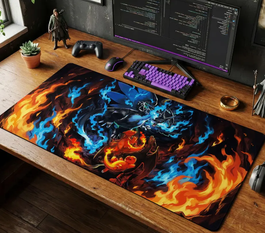 Mega Charizard X Desk Mat, Charmander Evolution Mouse Pad, Blue Fire Anime Gaming Setup