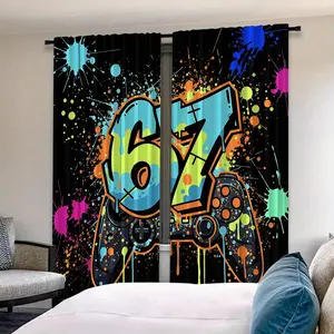 2 Piece Curtain Graffiti Game Controller Print, Cool Esports Style, Kids Room Energy Atmosphere Decoration, Home Decoration Curtain, Perfect for Rooms
