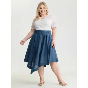 BloomChic Women's Plus Size Pure Cotton High-Low Hem Midi Skirt - M-6X 2026 Summer Vibes, Breathable Fabric Garment, Flattering Fit Bottom, Functional Pocket