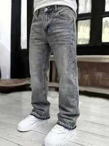 Men's Casual Loose Wide Leg Jeans, Slim-Fitting Denim Jeans, All Seasons, Plain Pattern, Street Style, Streetwear, Fashionable and Comfortable, Pants