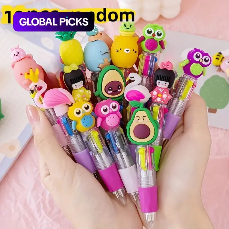 Random Color Cute Cartoon Design Retractable Ballpoint Pen, 10pcs Aesthetic Portable Ballpoint Pen Set, Easy to Hold Round Body Writing Pen for Office & School #GLOBAL PICKS