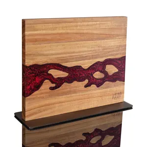 FINDKING Magnetic Knife Block, Double Sided Holder, Powerful Magnet Kitchen Storage, Acacia Wood and Red Resin (12 x 10 Inches, Without Knives)