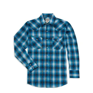 Men's Ely Cattleman Long Sleeve Metallic Thread Plaid Western Snap Shirt- Red & Turquoise