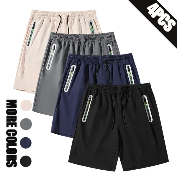 4 pcs men’s ice silk cooling athletic shorts, drawstring sports shorts, summer casual outdoor quick-dry elastic waistband drawstring pants with zippered pockets, suitable for gym and outdoor activities