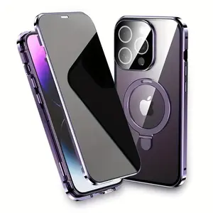 Magnetic Double-Sided Glass Privacy Phone Case for Iphone 13, 14, 15, And 16 Pro Max Plus, Featuring a Security Lock Compatibility with Magsafe, Along Stand Camera Lens Protection.