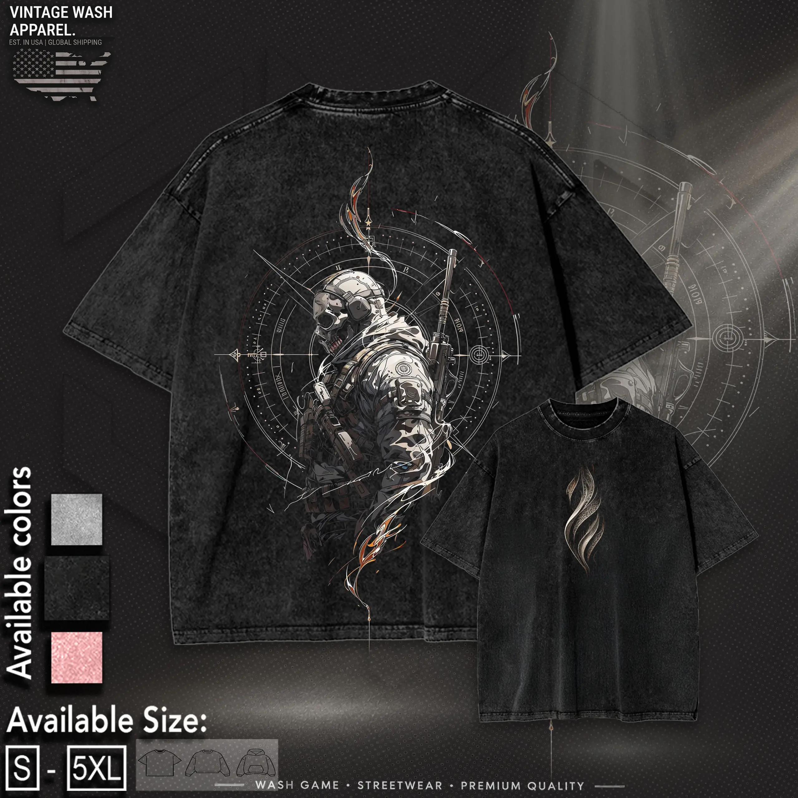 Tactical Soldier Graphic Tee, Military Skull Warrior Shirt, Special Forces Inspired T-Shirt, Vintage Washed Black Streetwear, Oversized Tee