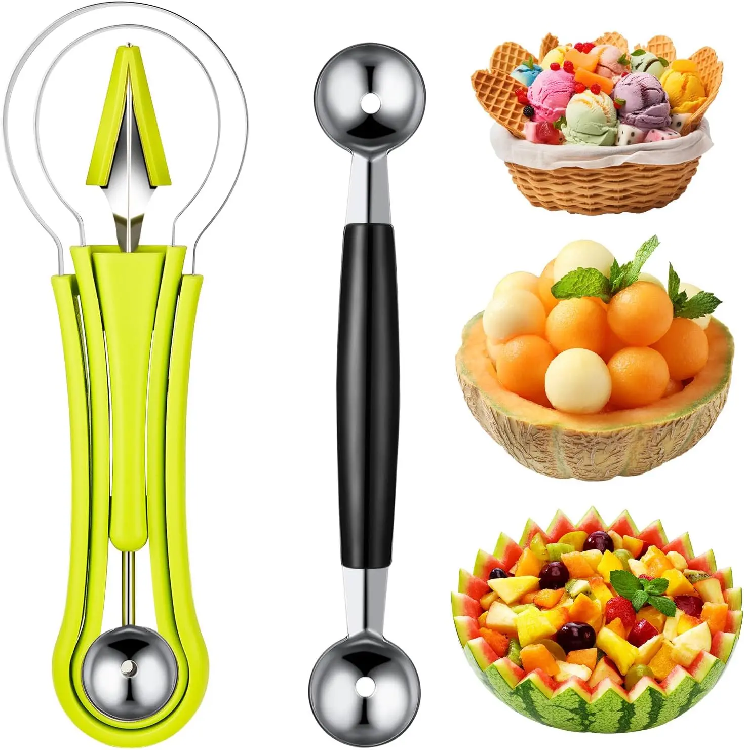 Stainless Steel & Plastic Durable Fruit Tool Set - 2-Pcs Multifunction 4-in-1 Double-Ended Melon Baller, 2 Scoop Sizes, Smooth Design for Kiwi Pulp Separation, Ice Cream Scoop, Meal Prep Kitchen Utensil
