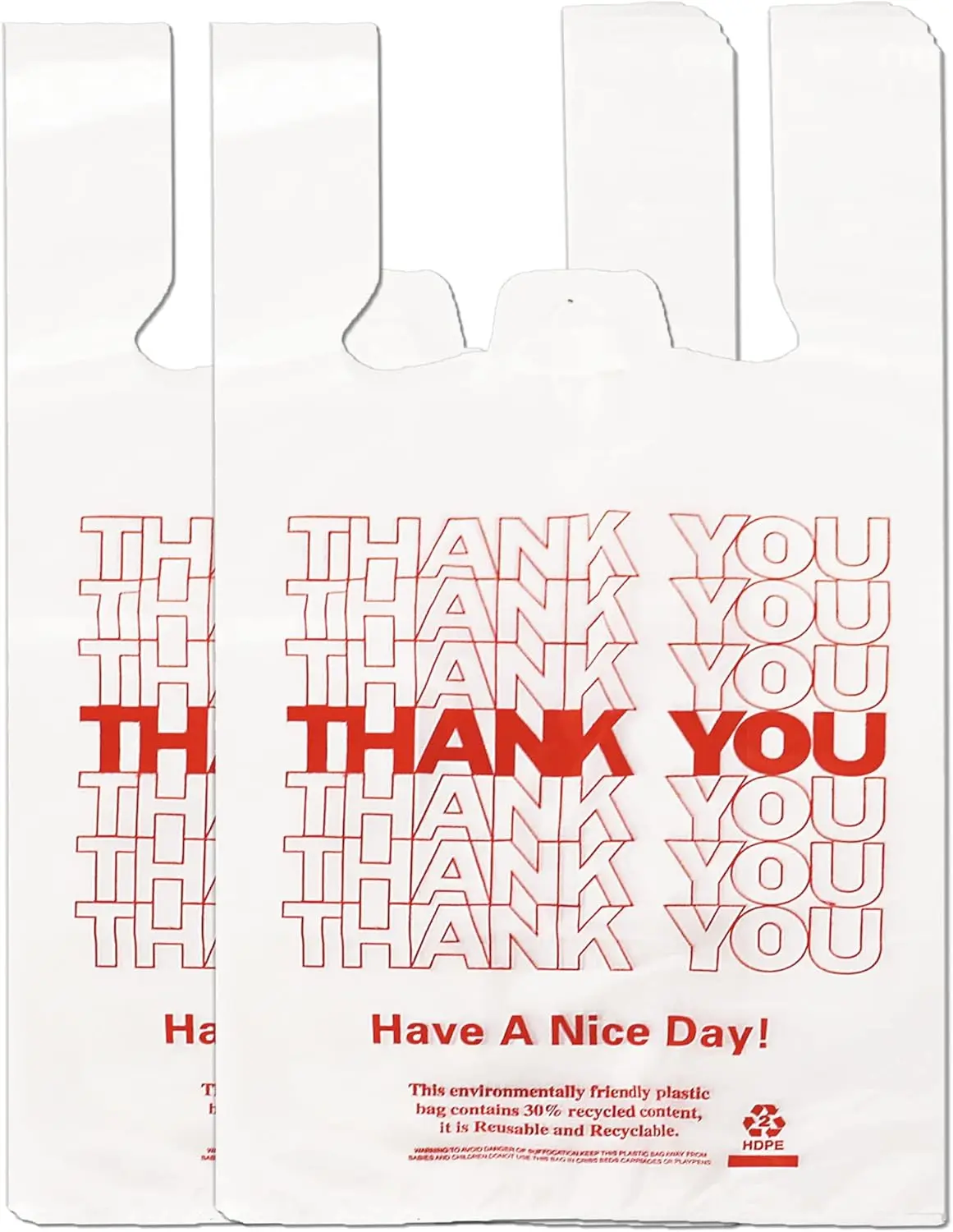 100 Count White Thank You T-Shirt Bags, 11 x 6 x 21 in | Durable HDPE with handles, Thank You print, disposable carryout sacks for grocery, retail and takeout