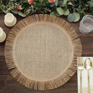 4-Pack Jute Placemats 16" Round Fringe Edge Design Natural - Rustic Burlap Dining Mats
