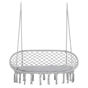 Hanging Hammock Chair Cotton Rope Porch Swing with Metal Frame and Cushion, Large Macrame Seat for Patio, Garden, Light Grey